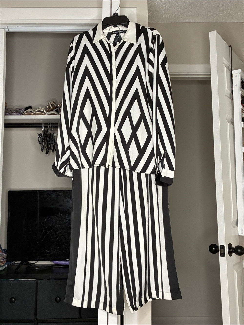 Black & White Geometric Button-Front Pantsuit
